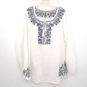 Monoreno 100% linen tunic top womens Size M white embroidered long sleeve boho